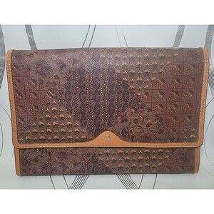 Vintage Escada Multi Colored Paisly Art Print Leather Briefcase 15" Pockets RARE